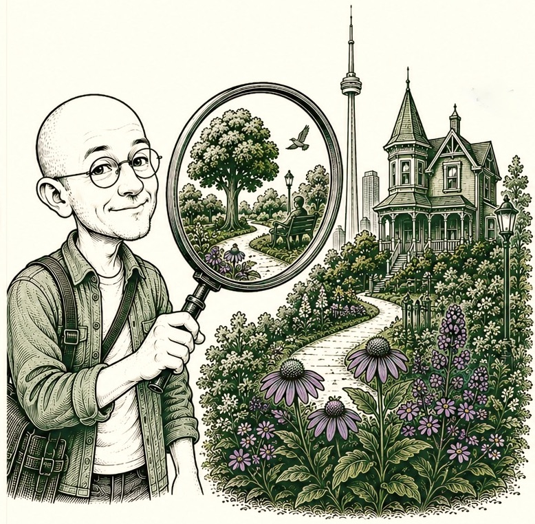 Urban Trapper guide illustration exploring Toronto parks and heritage neighbourhoods with a magnifying glass